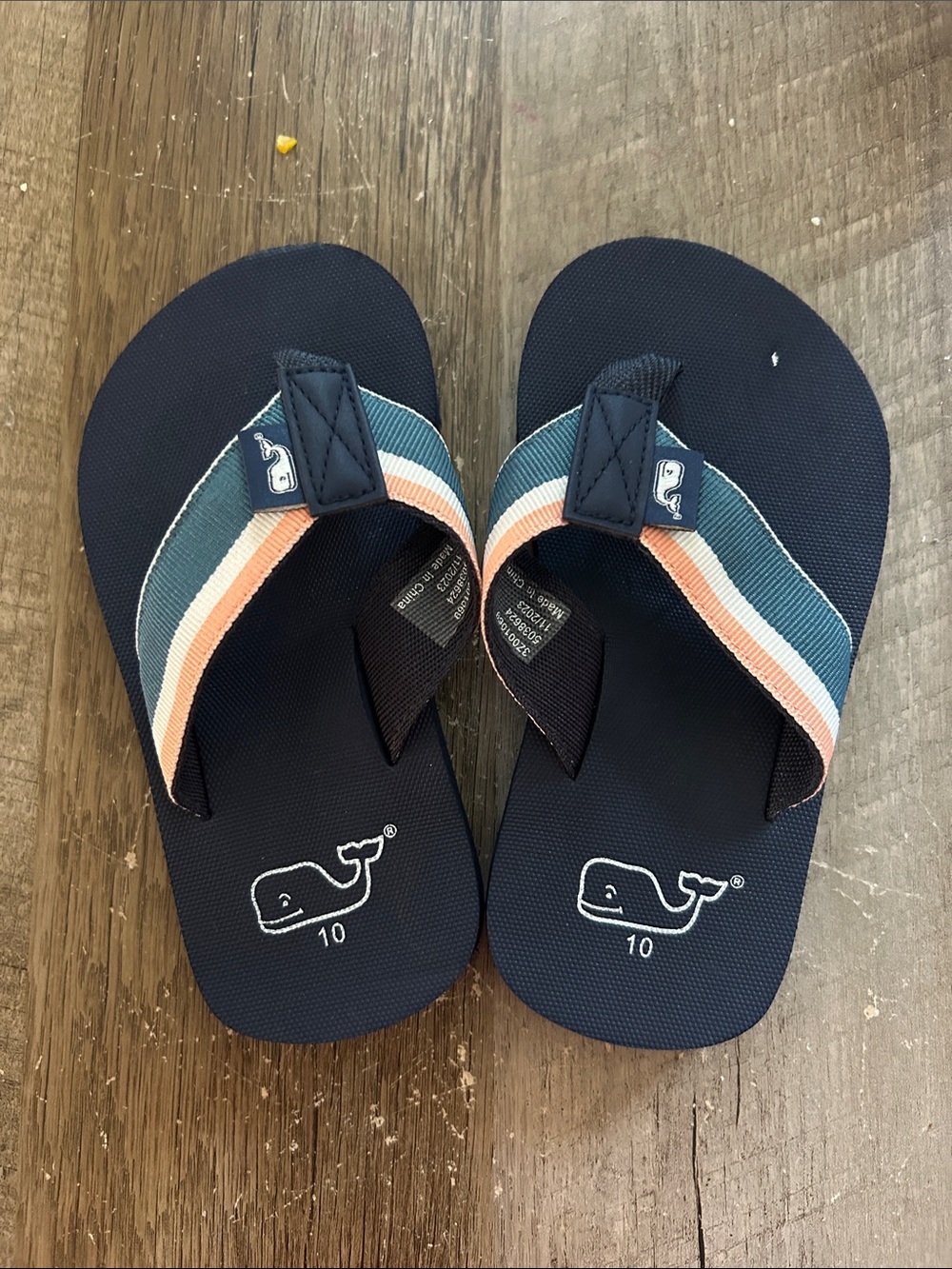 Vineyard Vines Kids Navy Flip Flops with Teal and Coral Striped Straps